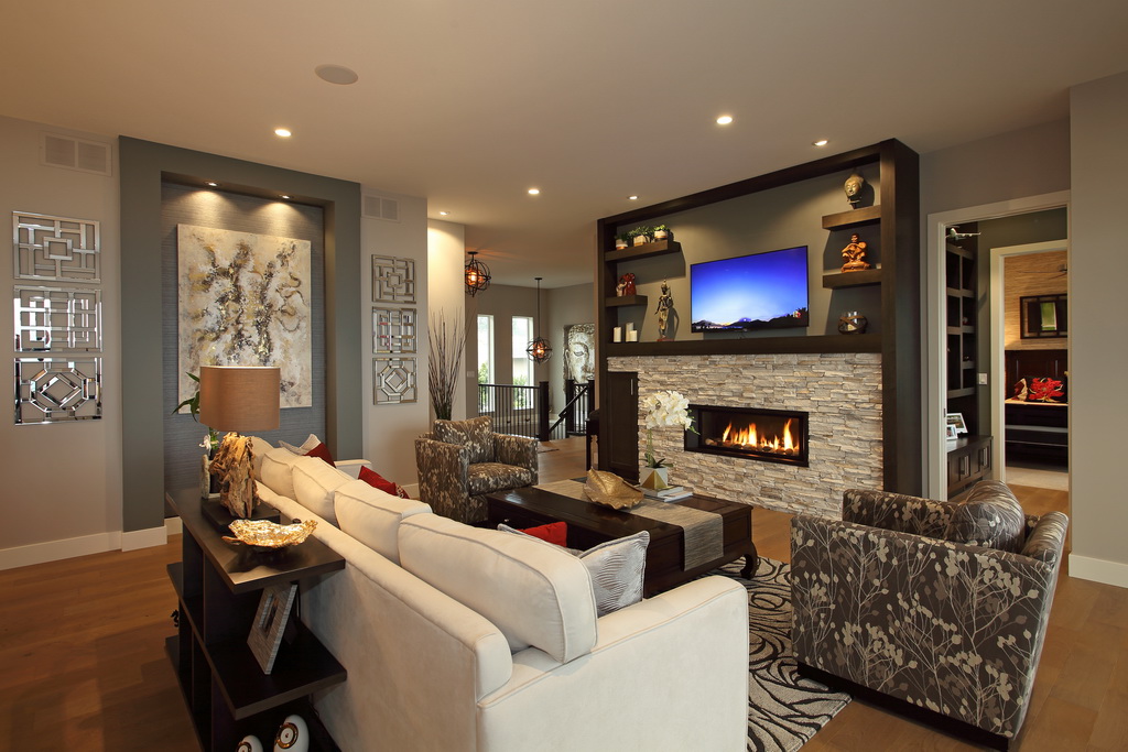 Picture of beautiful family room with cultured stone fireplace.