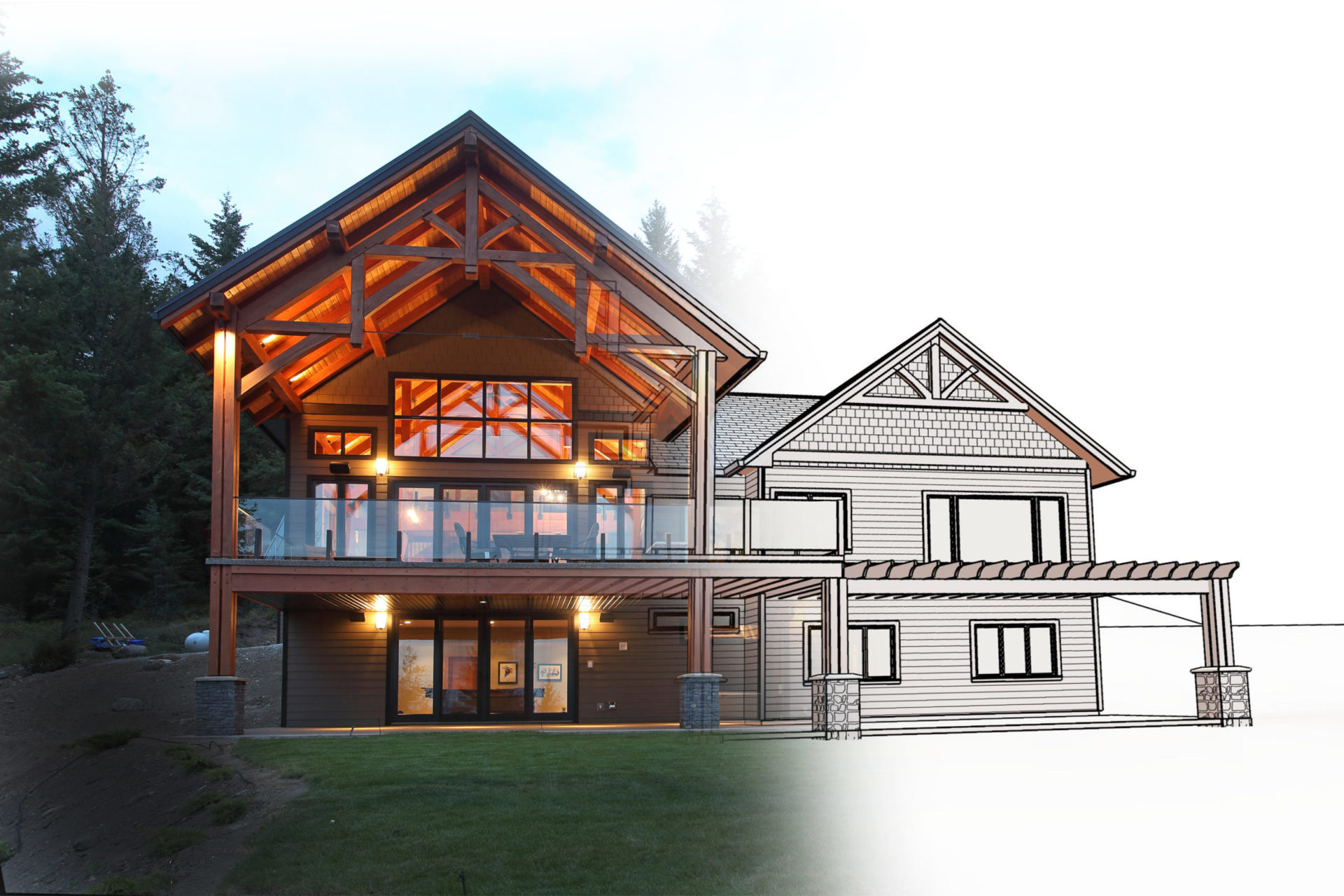Exterior picture of timber frame home, half of the home fading into blue print.